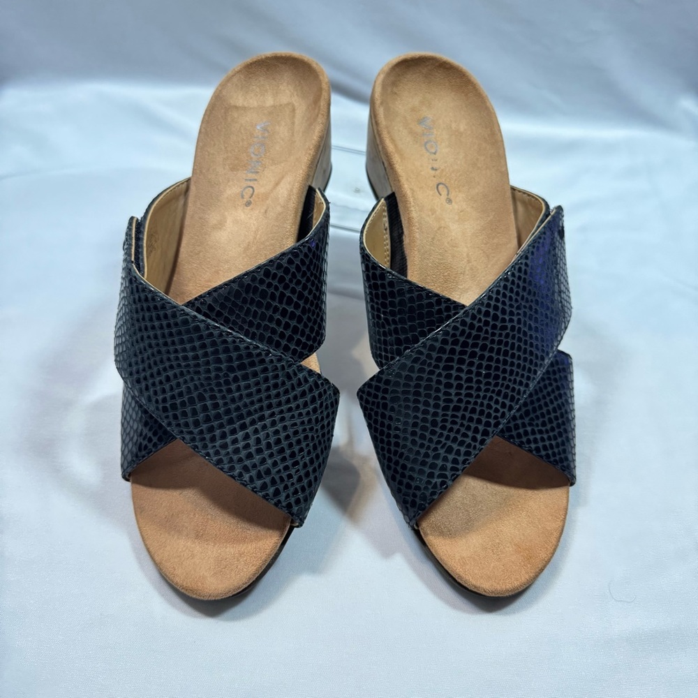 Vionic Leticia Black Snake Leather Cork Wedge Comfort Slide Sandals size 10 - Picture 5 of 13